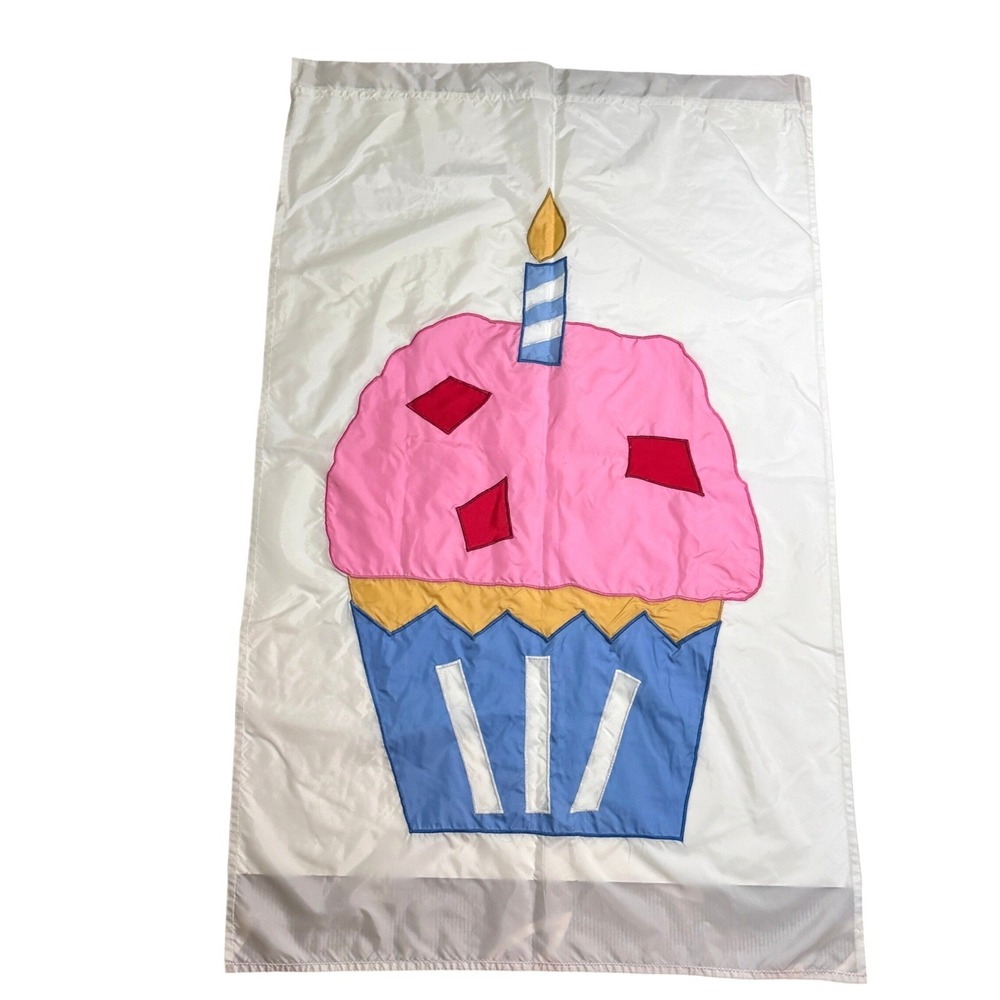 Cupcake Outdoor Garden Decor Vintage Embroidered Flag 34x55.5 Birthday Party